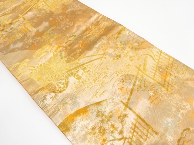 JAPANESE KIMONO / ANTIQUE FUKURO OBI / SILK / WOVEN CARRIAGE & MAPLE LEAVES